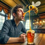 DALL·E 2023-12-24 13.26.57 - A realistic depiction of a person in a pub, with honey whimsically streaming out of their nostrils as they drink beer. The scene is set in an authenti.png